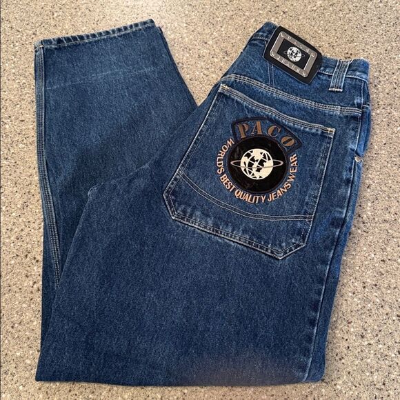 PACO JEANS CO Baggy Y2K Hip Hop Streetwear Globe Logo Embroidered Jeans - Picture 14 of 14